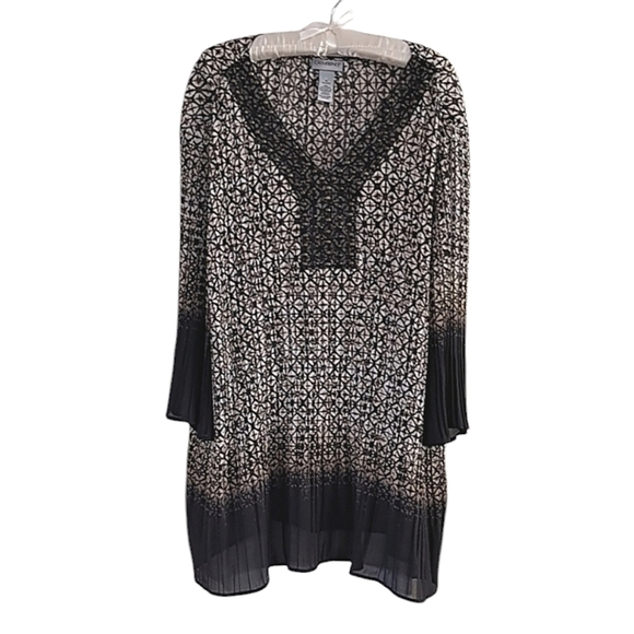 Catherine's Blouse Tunic Black & Tan Long Beaded Dressy Sheer V-Neck Abstract 3X - Picture 1 of 8